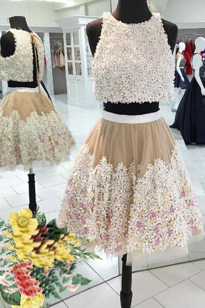 2024 Dos piezas Scoop Homecoming vestidos de una línea de tul con flores hechas a mano