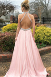 Elegantes y largos con espalda abierta y rebordear una línea de vestidos de baile rosa con bolsillos