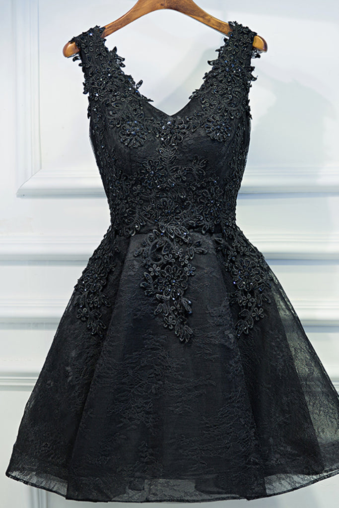 2022 Fantástico V-cuello Homecoming vestidos de una línea de encaje Negro Lace Up