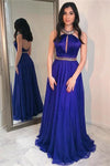 Halter hermoso espalda abierta Royal Blue Long A-Line simples vestidos de baile