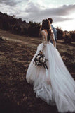 Elegante ver a través de manga larga vestidos de novia de encaje apliques vestido de novia