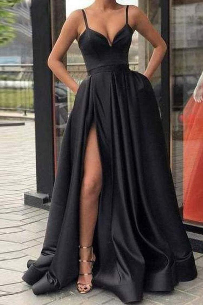 Vestido de fiesta largo de raso con tirantes de espagueti negro, vestido formal largo simple