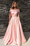 Simple elegante largo fuera del hombro rosa vestidos de baile con bolsillos