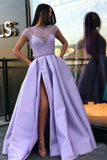 Vestidos de fiesta largos en color lila con aberturas con cuentas Ver a través de la manga del casquillo vestido de fiesta