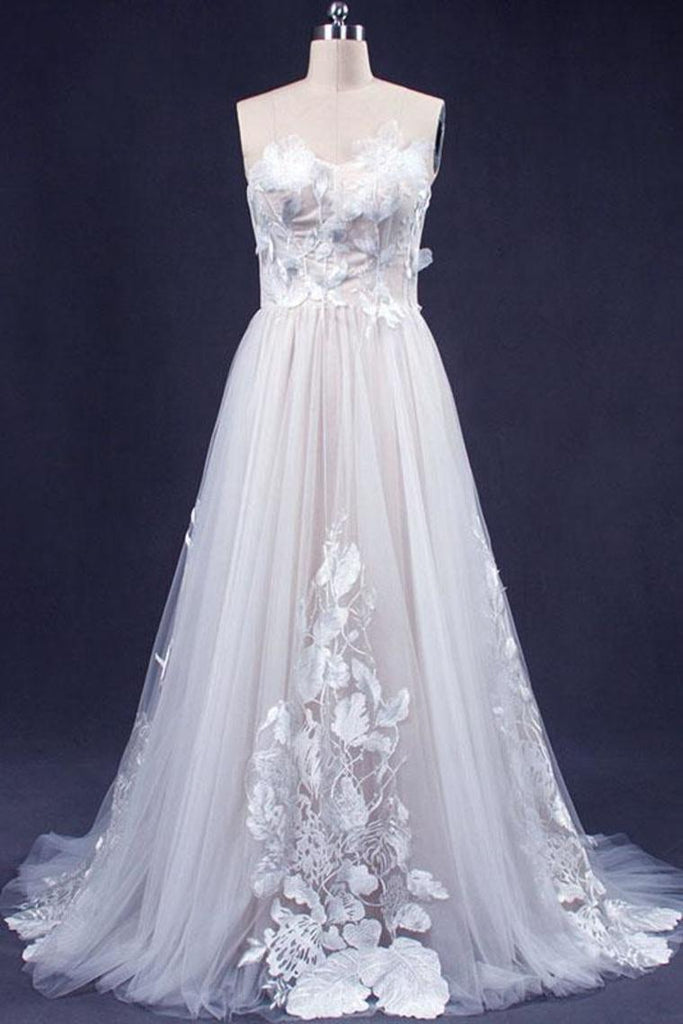 Vestido de novia de tul con apliques de una línea, vestidos de novia de tul sin tirantes