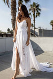 Vestido de novia de encaje con tirantes finos en la playa con gasa, vestido de novia Boho con abertura