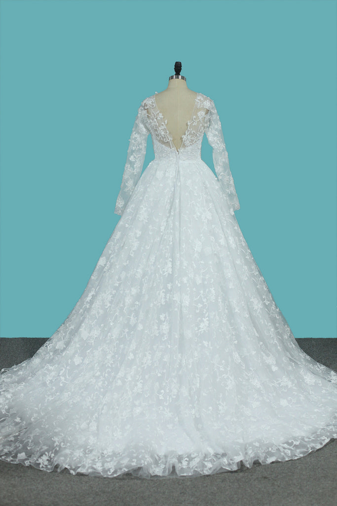 2022 de lujo una línea de encaje Scoop mangas largas vestidos de novia con perlas Royal Train