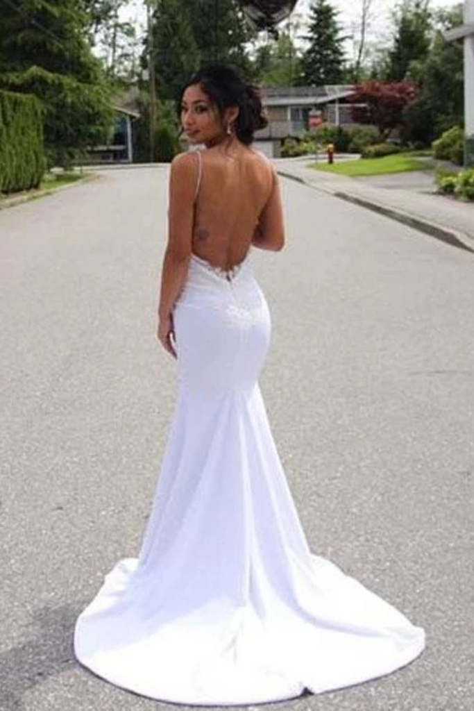 Vestido de novia de sirena con tiras de espagueti con apliques, vestidos de novia sin espalda sexy