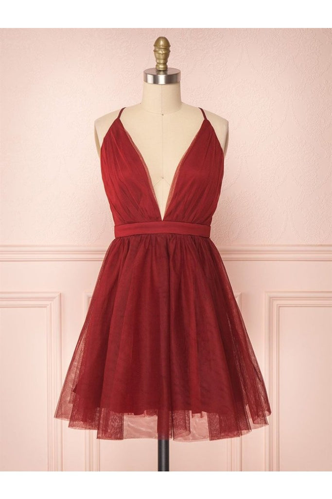 A Line V Neck Short Red / Burgundy Tulle Vestidos de baile Vestidos de Fiesta