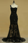 2024 vaina / columna vestido de noche de un hombro con apliques de tul Y Granos