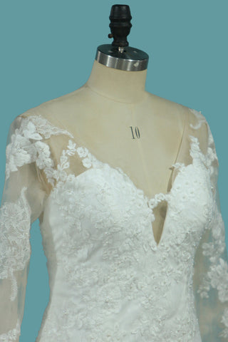Vestidos de boda de manga larga con cuello en V de sirena de encaje 2024 con apliques