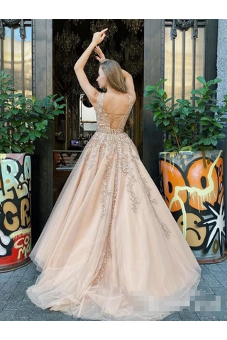 A Line Bateau Neckline Beadings Sash Prom Gown Champagne Appliques Lace Up Back Prom Dress