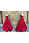 2022 Off The Shoulder Prom Dresses Satin Red Sweep Train Lace Up Back