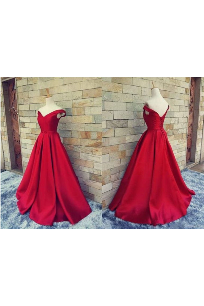 2022 Off The Shoulder Prom Dresses Satin Red Sweep Train Lace Up Back