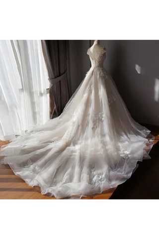 Impresionante vestido de novia de tul con hombros descubiertos y apliques, vestido de novia con tren largo