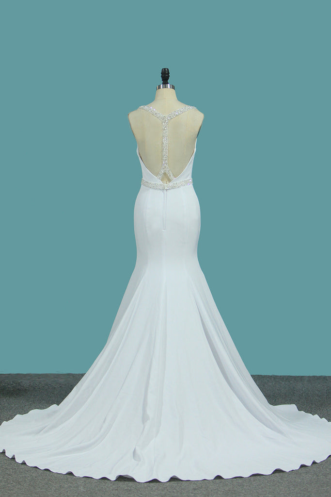 2022 Scoop sirena vestidos de novia Spandex con abalorios espalda abierta