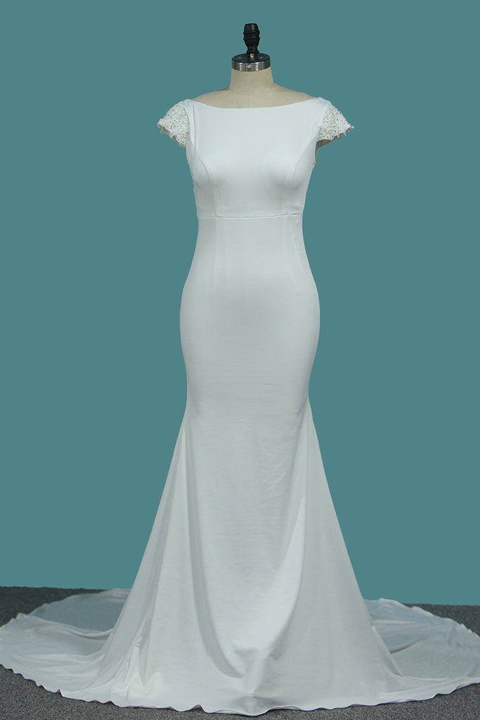 2024 Bateau mangas cortas vestidos de novia espalda abierta Spandex con abalorios