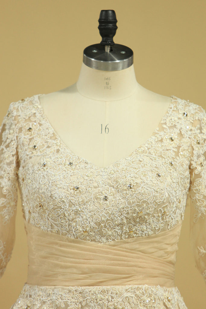 2022 Tamaño vestidos de novia Una línea de cuello en V Media Plus mangas con apliques de organza y perlas