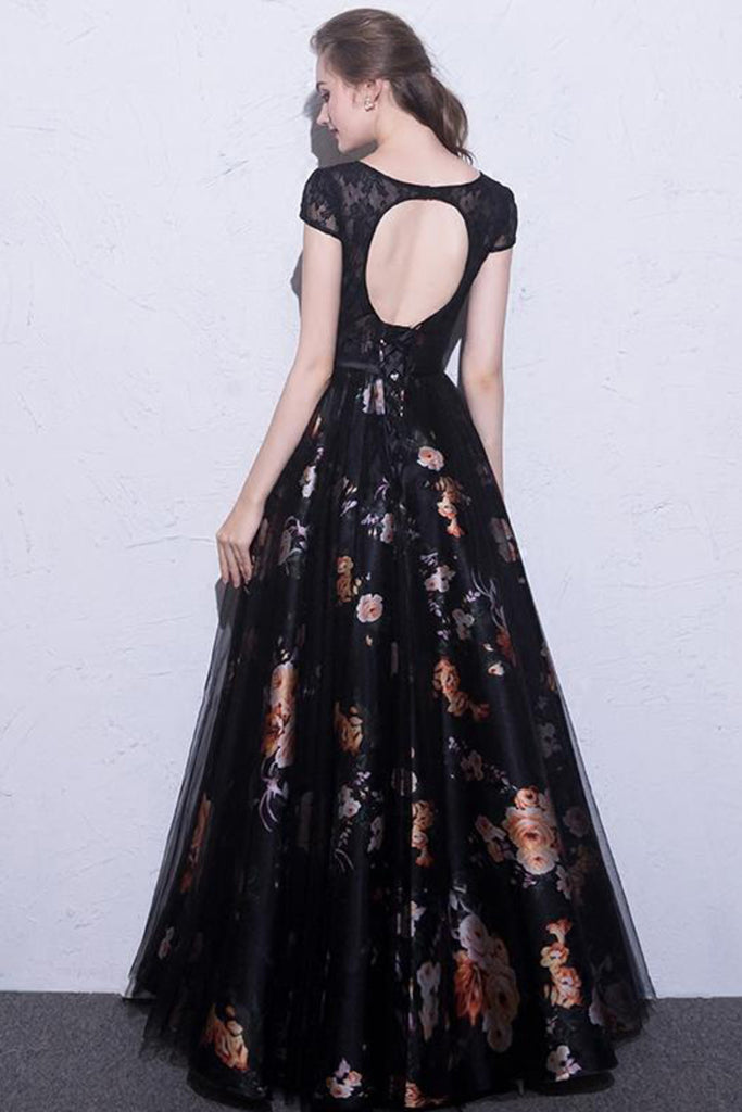 2022 vestidos de fiesta negros Scoop una línea de impresión floral sexy vestido de fiesta largo de encaje
