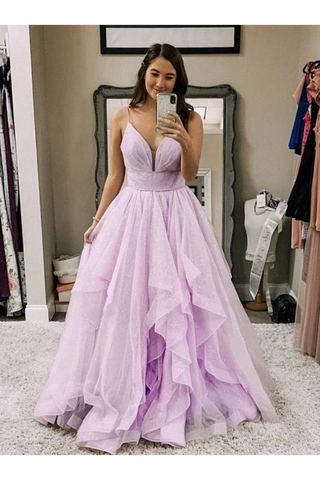 Tulle Sparkly Long Prom Dress, Spaghetti Straps Long Party Dress Ruffles