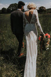 Elegante manga larga de marfil vaina vestidos de novia sin respaldo de encaje apliques país vestido de boda