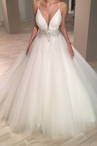 2022 Elegante vestido de boda correas de espagueti A-Line Tulle con cintura de cuentas