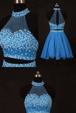 2024 una línea / princesa Halter Homecoming vestidos de gasa rebordeada blusa dos piezas
