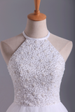 2024 blanco halter Vestidos de Fiesta Una línea de tul corto / mini blusa moldeada