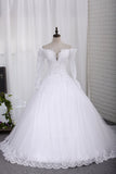2024 Nuevo vestido de novia A-Line cucharada de manga larga tren de la corte de Tulle con Applique